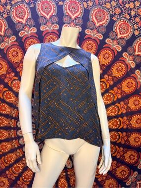 Free People “Look Through” Blue Batik Print Keyhole Tank